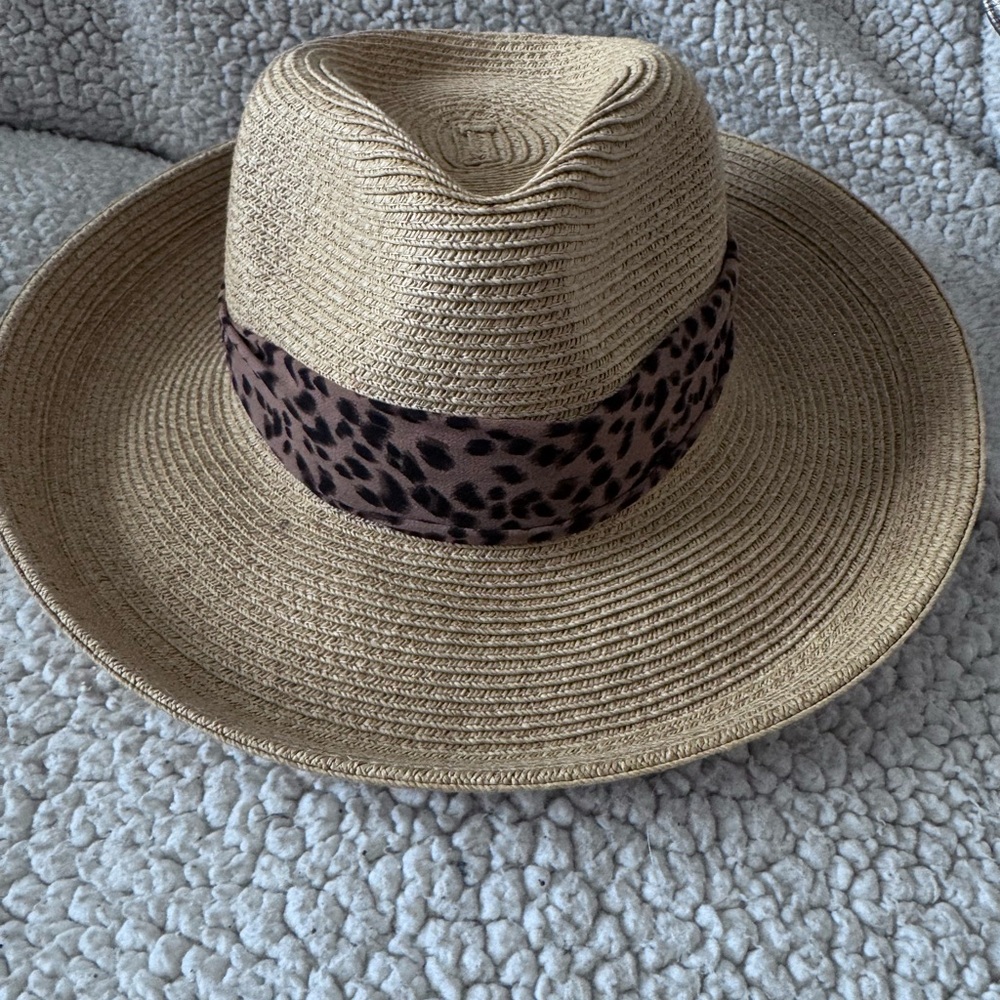 Nine West Packable Panama Sun Straw Hat Leopard Print Band